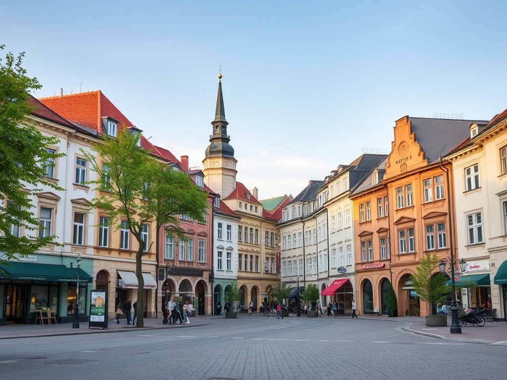 Mapa pokazująca zagęszczenie usług w Bielsku-Białej, z zaznaczonymi sklepami, restauracjami i placówkami medycznymi.