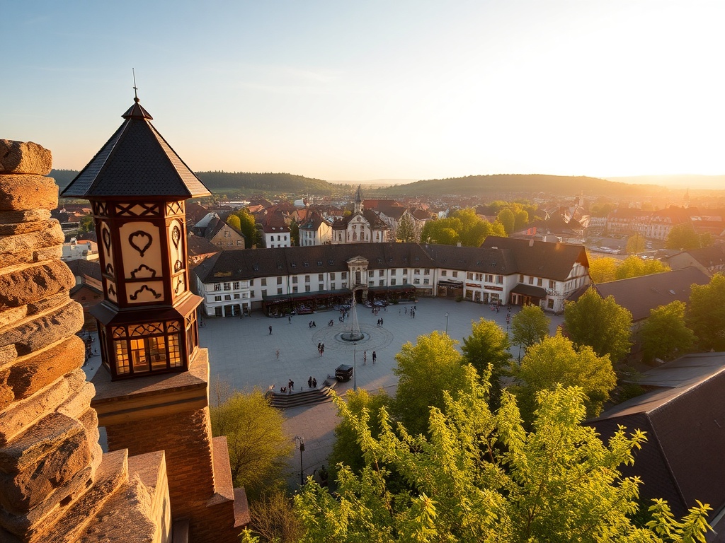 Widok na rynek w Bielsku-Białej podczas majówki z zielenią i ludźmi cieszącymi się słońcem.